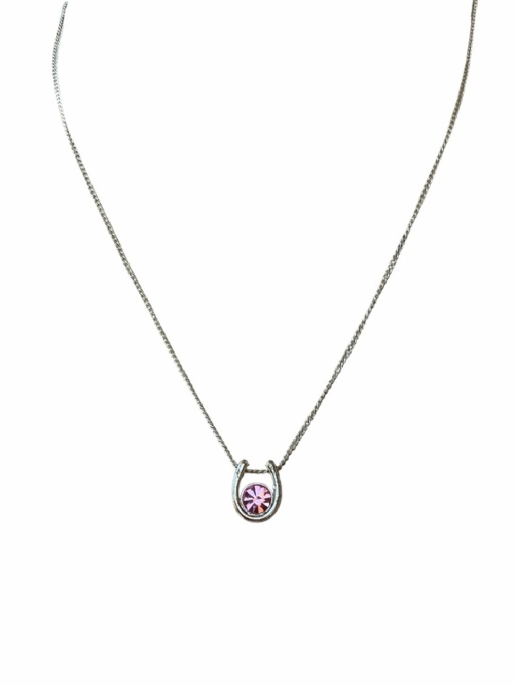 Silver tone pink crystal horseshoe pendant necklace